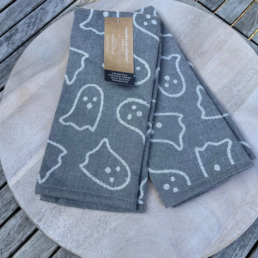 Cupcakes and Cashmere Ghost Kitchen Towels Charcoal Gray Cotton Bamboo Set of 2